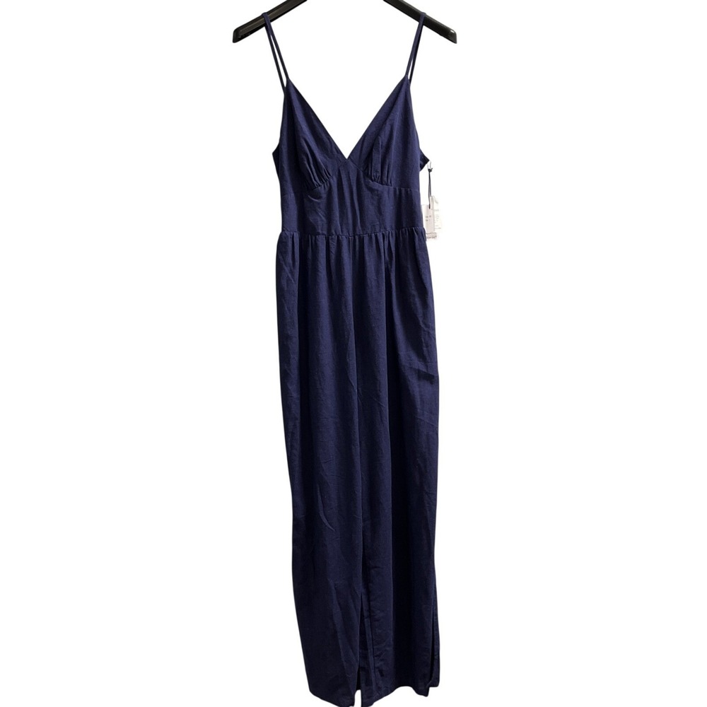 Japna Jumpsuit Womens‎ L Blue Linen Blend Open Tie Back Wide Leg Babydoll Resort